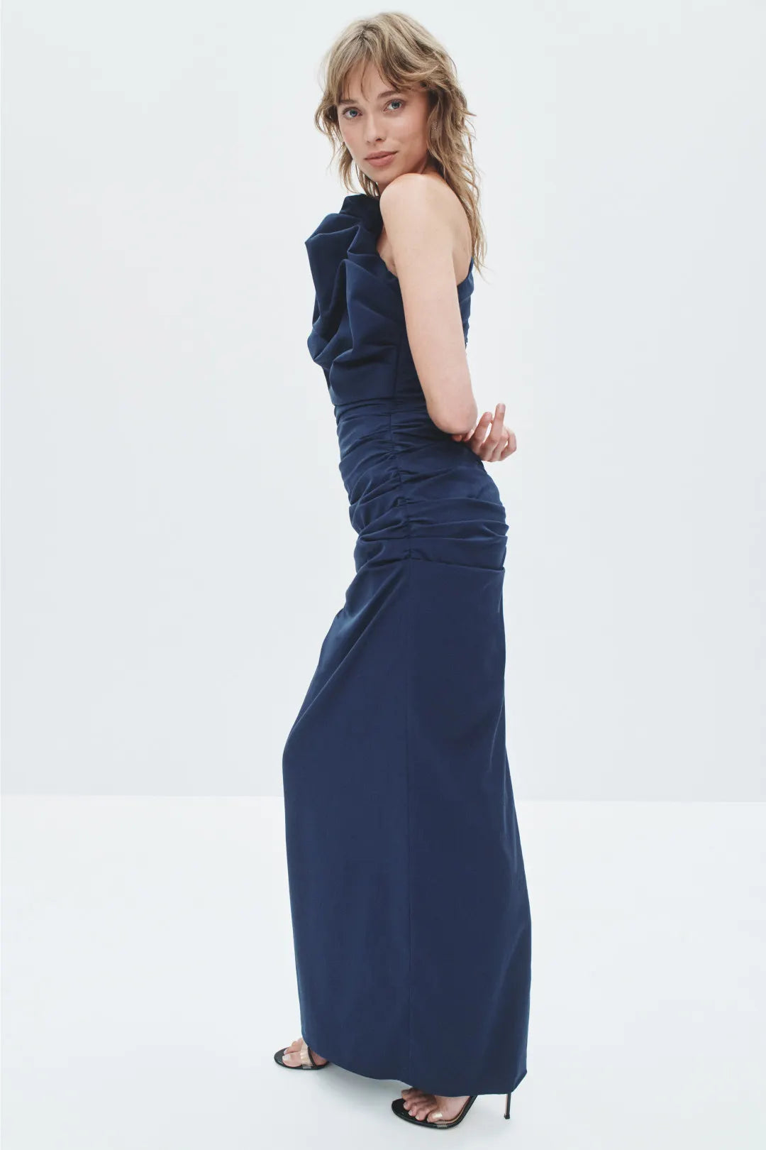 Glamorous Solid Satin Maxi One-Shoulder Ruffle Ruched Evening Dresses