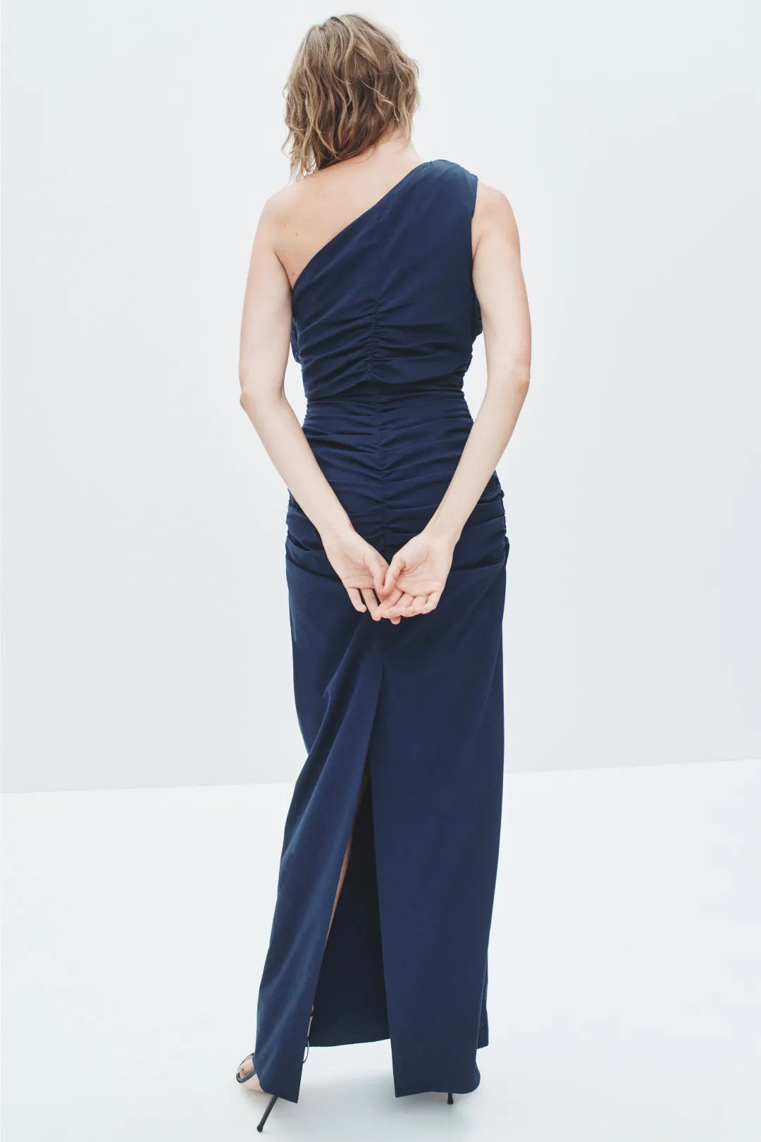 Glamorous Solid Satin Maxi One-Shoulder Ruffle Ruched Evening Dresses
