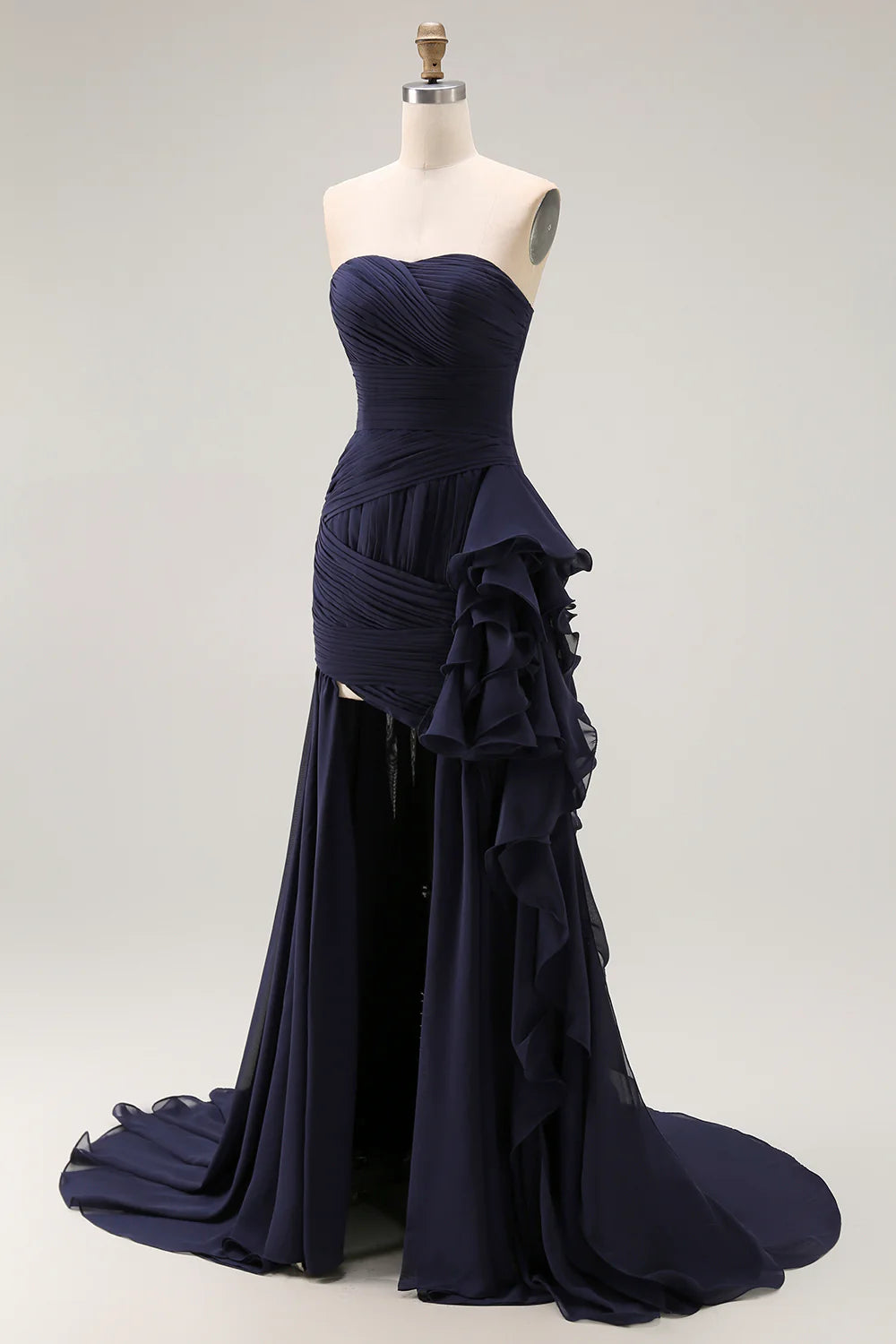 Glamorous Strapless Evening Dress with Ruched Bodice and Cascading Ruffle Slit