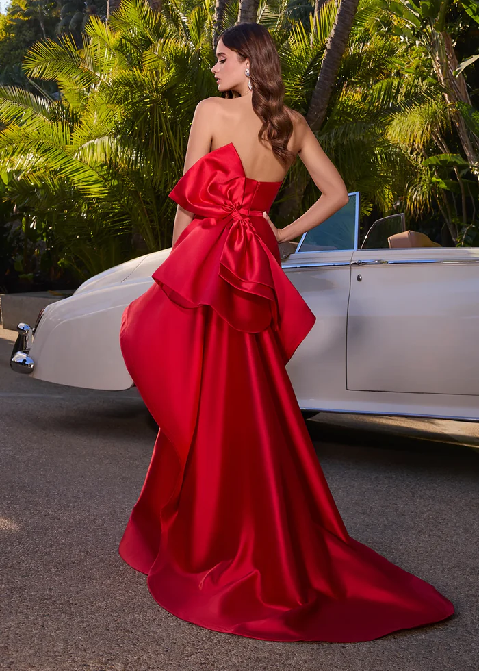 Glamorous Strapless Satin Ruffle Back Bow High Slit Mermaid Train Prom Dress