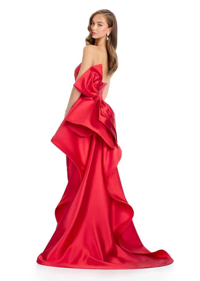 Glamorous Strapless Satin Ruffle Back Bow High Slit Mermaid Train Prom Dress
