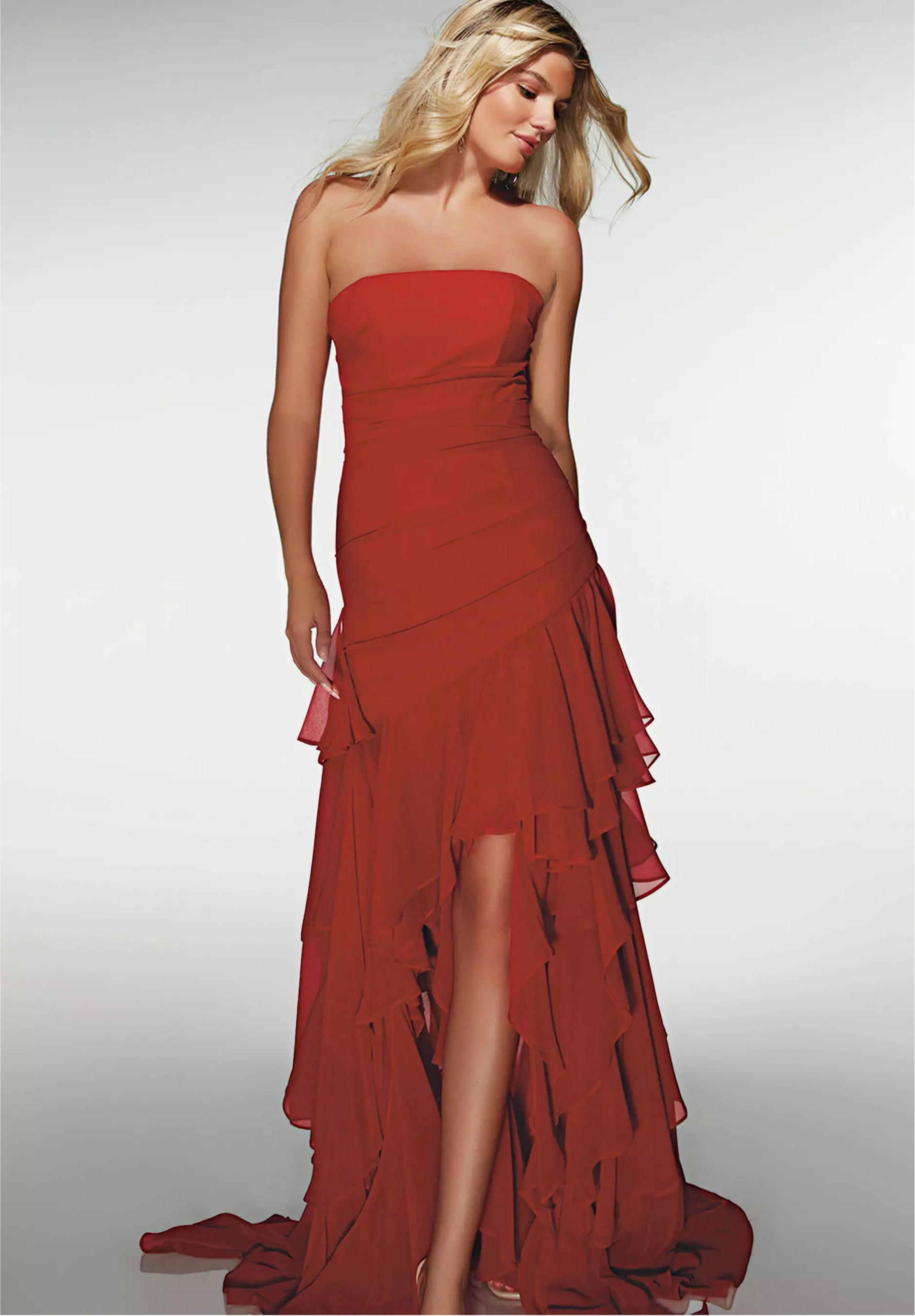 Glamorous Strapless Sweetheart Ruched Bodice Tiered Ruffled Chiffon High Slit Train Prom Dress