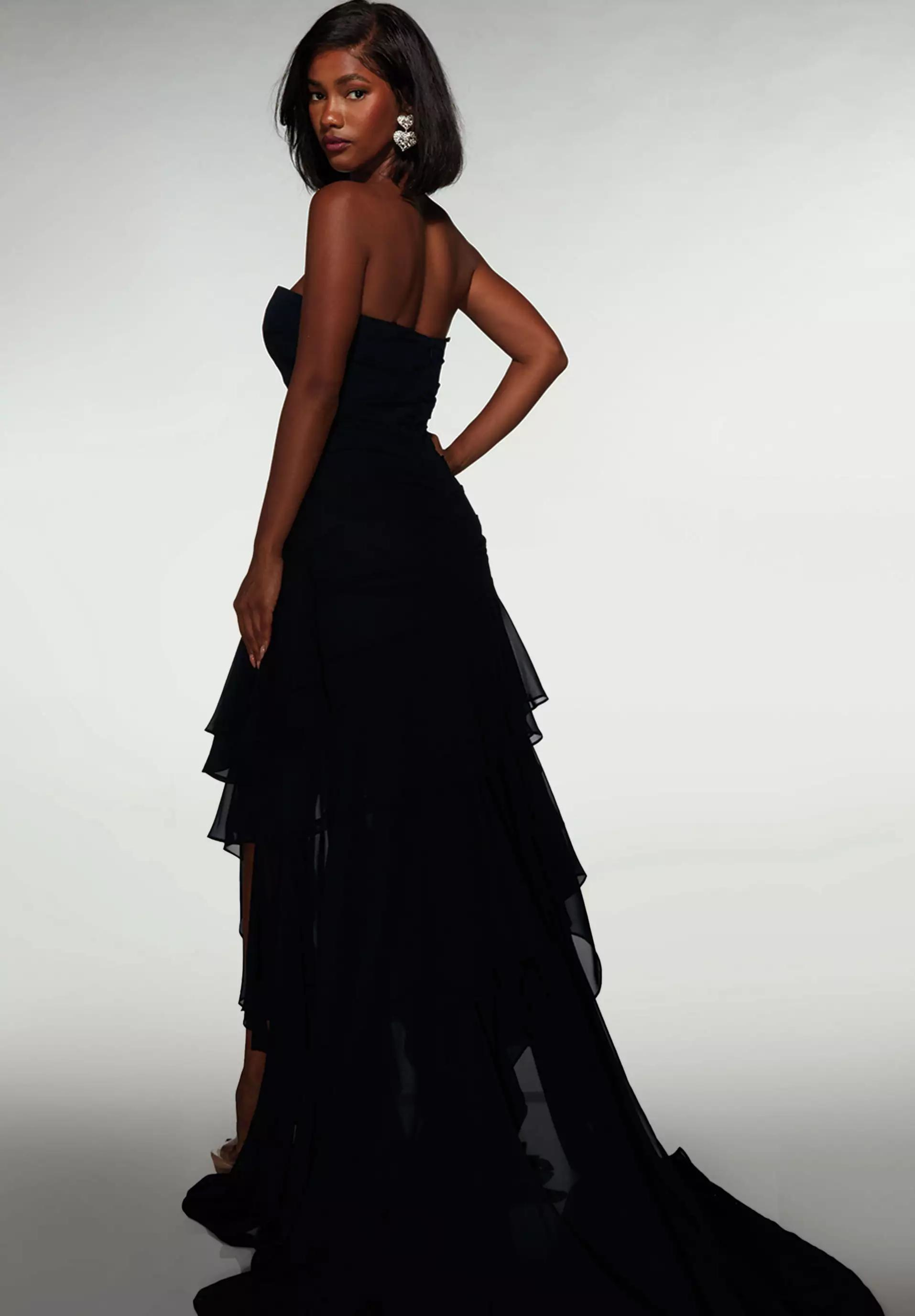Glamorous Strapless Sweetheart Ruched Bodice Tiered Ruffled Chiffon High Slit Train Prom Dress