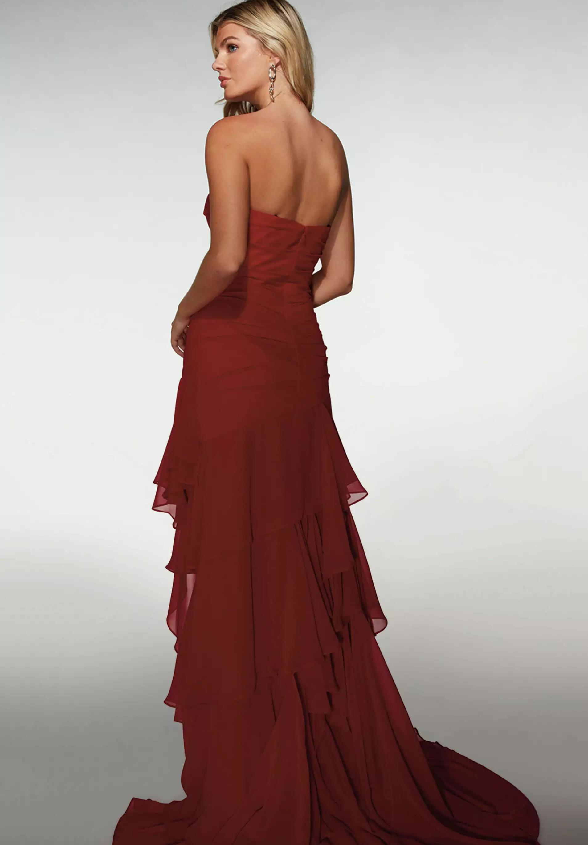 Glamorous Strapless Sweetheart Ruched Bodice Tiered Ruffled Chiffon High Slit Train Prom Dress