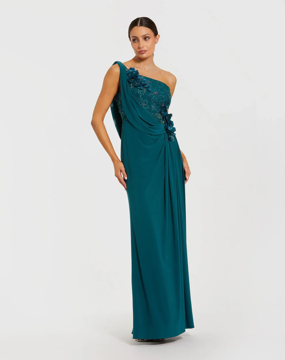 Glamorous Teal Column Gown One-Shoulder Sleeveless Zipper Back Floor-Length Evening Dresses