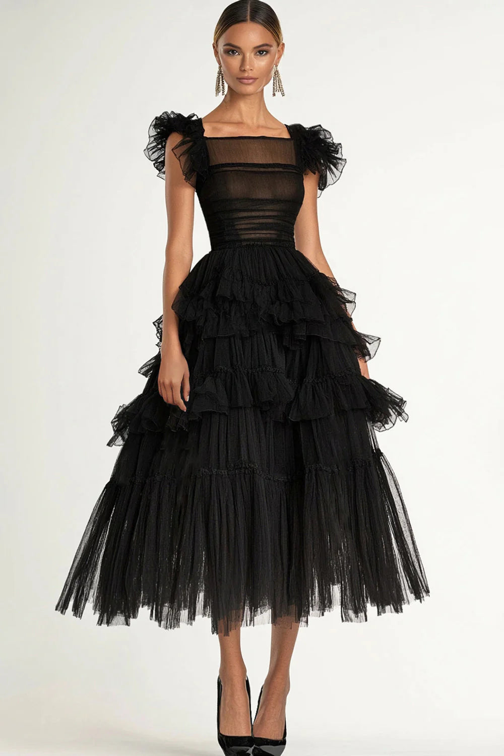 Glamorous Tulle A-Line Square Neck Ruffled Sleeve Zipper Back Midi Evening Dress