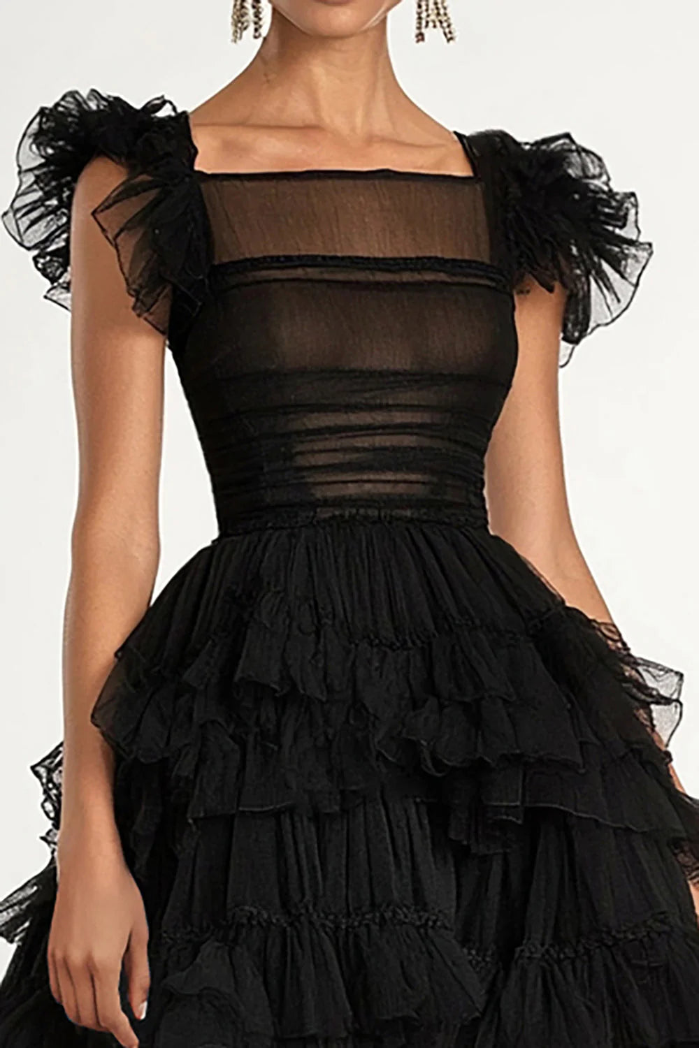 Glamorous Tulle A-Line Square Neck Ruffled Sleeve Zipper Back Midi Evening Dress