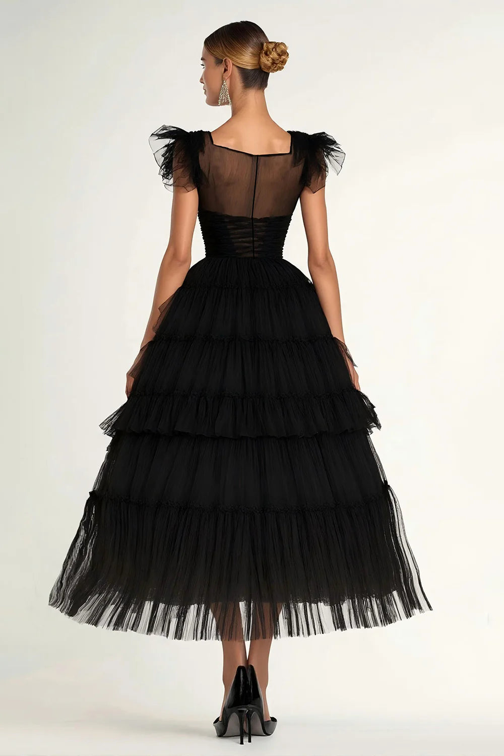 Glamorous Tulle A-Line Square Neck Ruffled Sleeve Zipper Back Midi Evening Dress