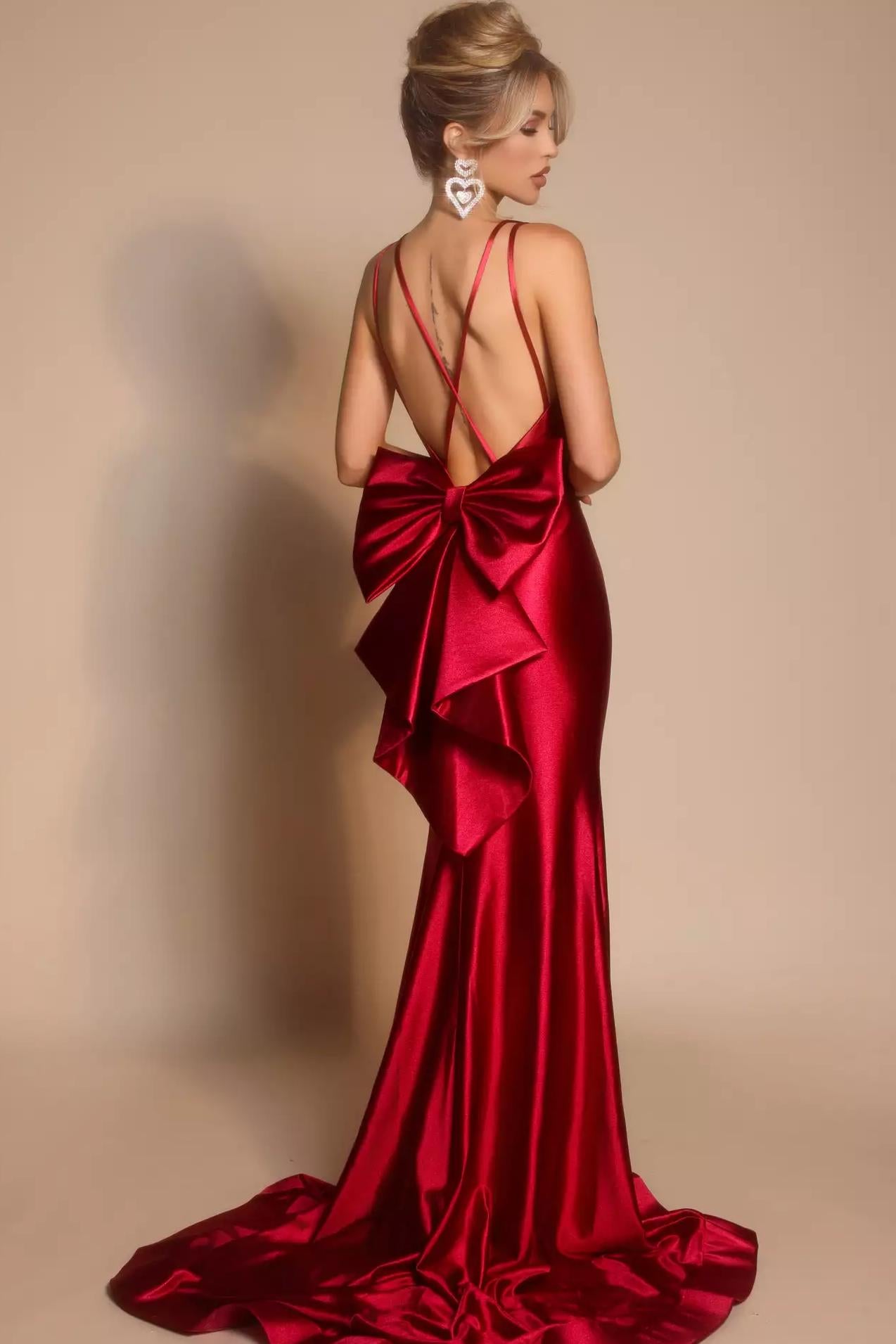 Glamorous V-Neck Satin Mermaid Train Prom Dress with Oversized Back Bow and Pockets