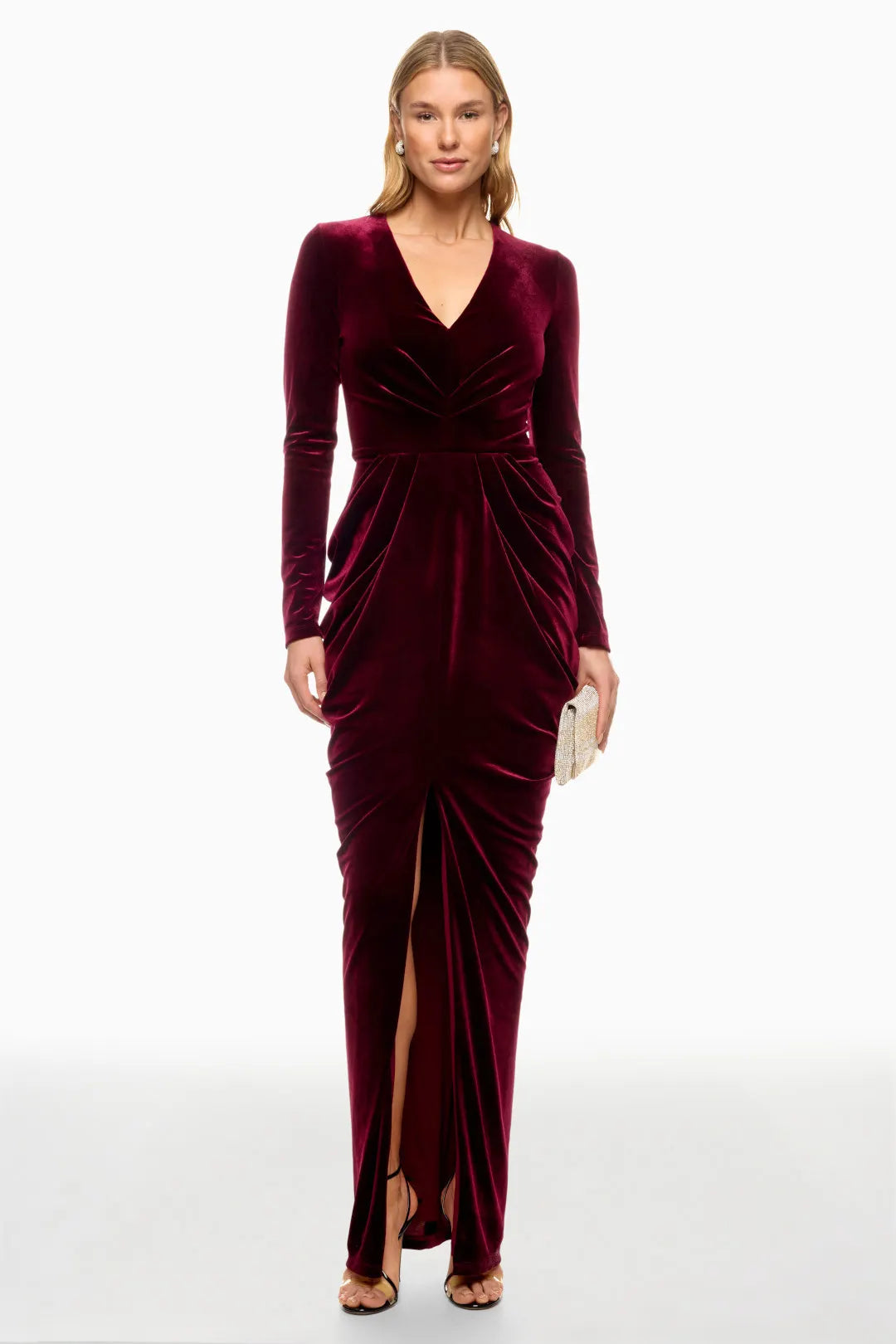 Glamorous Velvet Maxi Deep V-Neck Long Sleeve Ruched Detail Evening Dresses