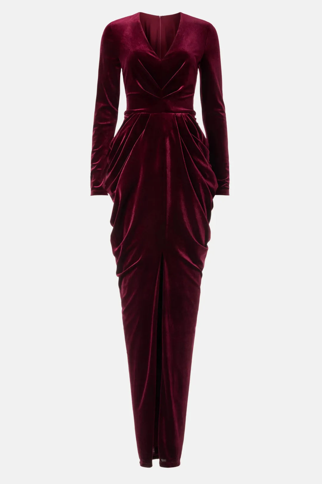 Glamorous Velvet Maxi Deep V-Neck Long Sleeve Ruched Detail Evening Dresses