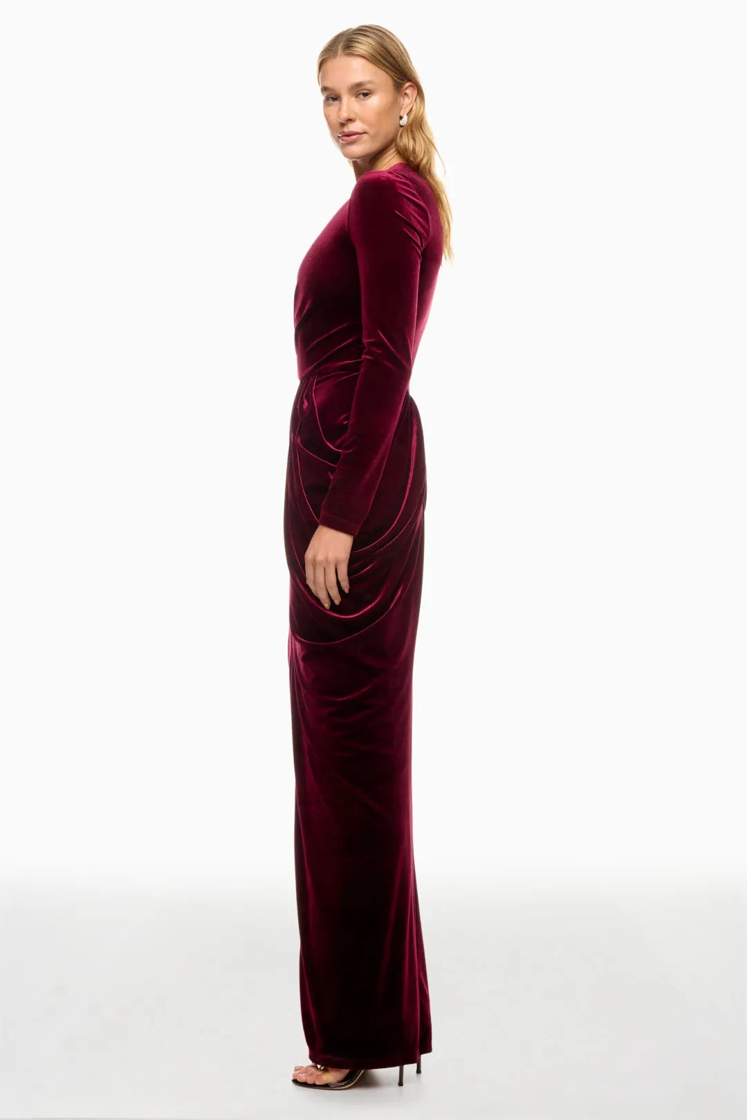 Glamorous Velvet Maxi Deep V-Neck Long Sleeve Ruched Detail Evening Dresses