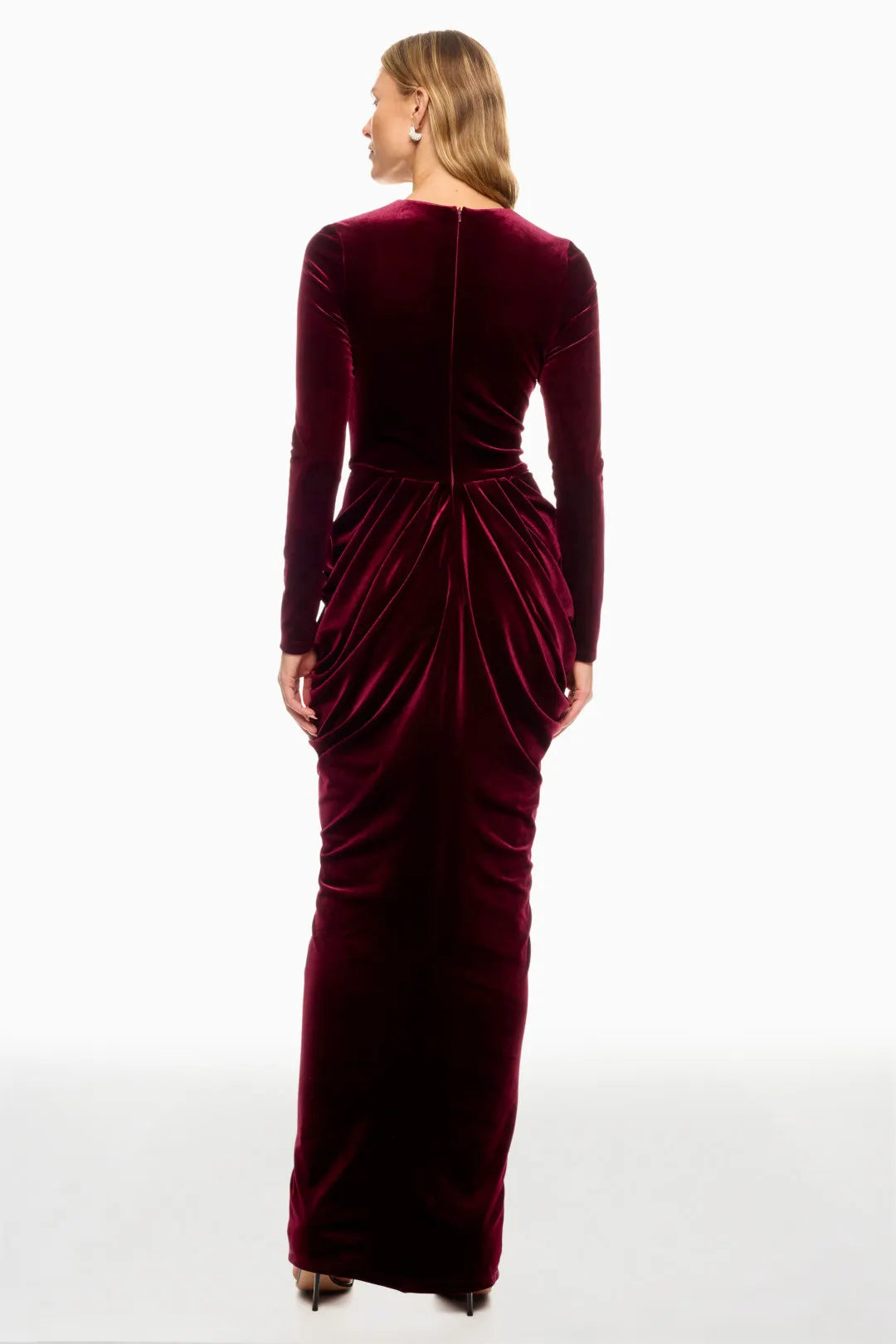 Glamorous Velvet Maxi Deep V-Neck Long Sleeve Ruched Detail Evening Dresses