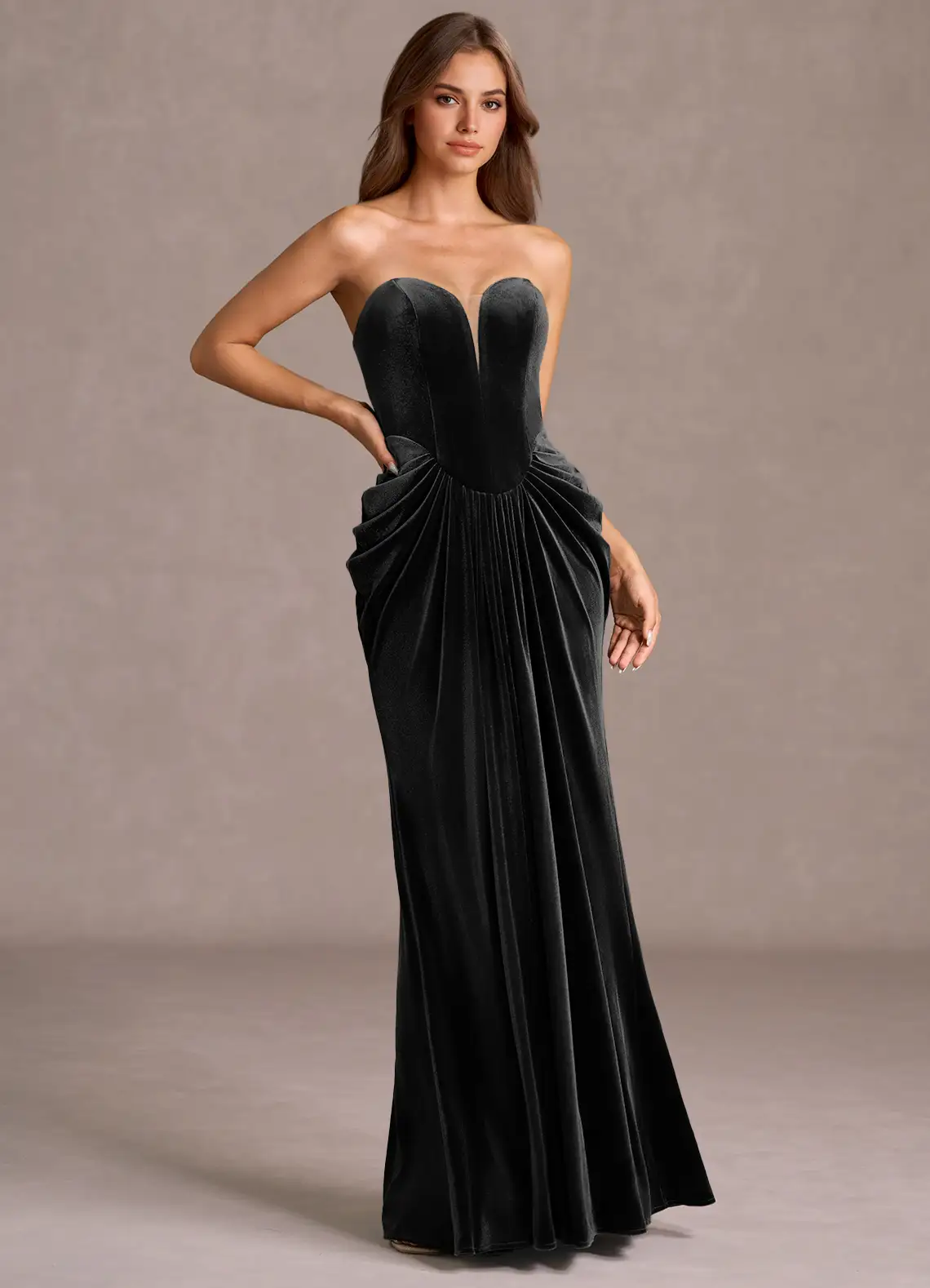 Glamorous Velvet Strapless Sweetheart Neck Pleated Bodice Floor-Length Evening Dress