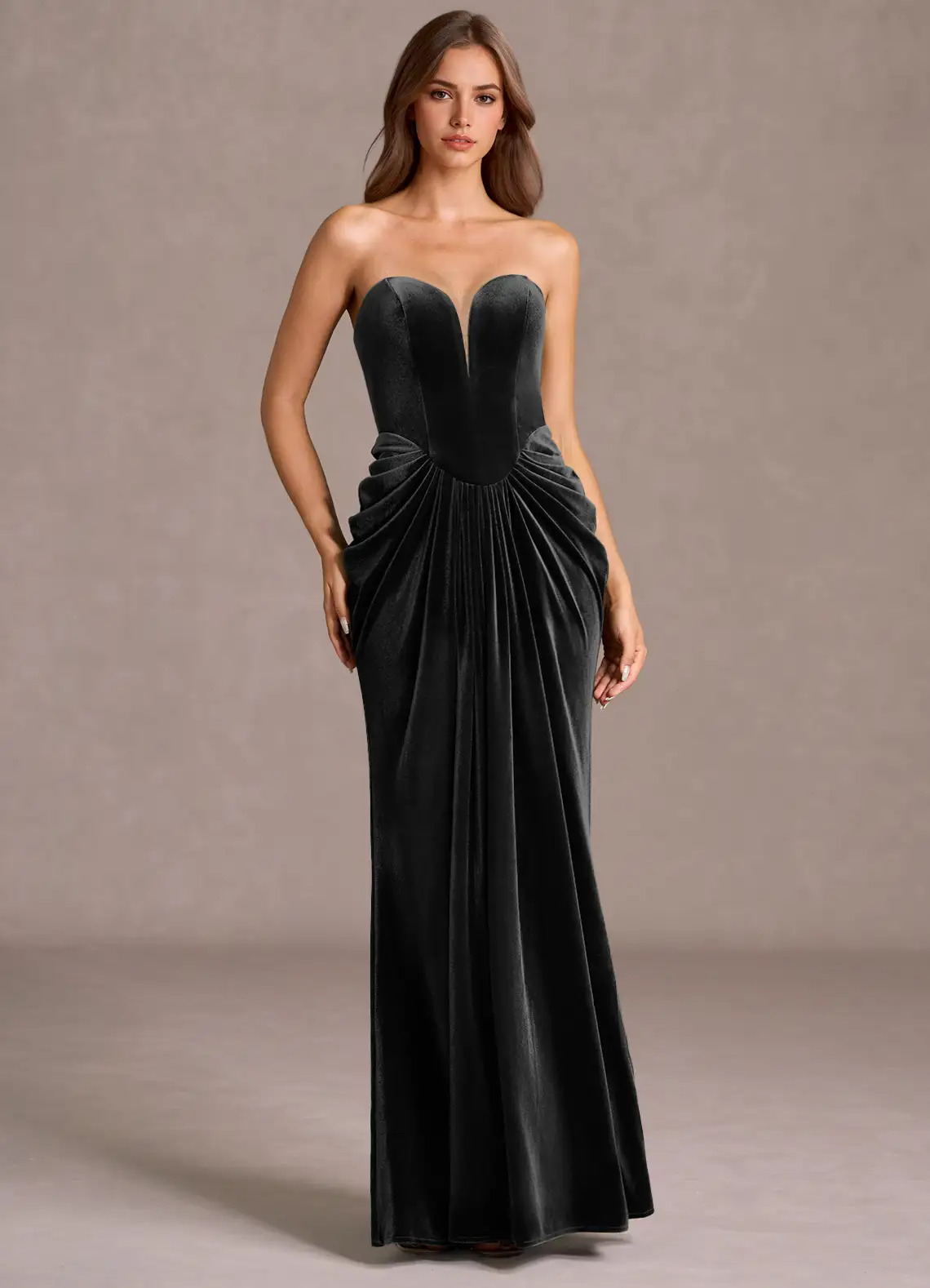 Glamorous Velvet Strapless Sweetheart Neck Pleated Bodice Floor-Length Evening Dress