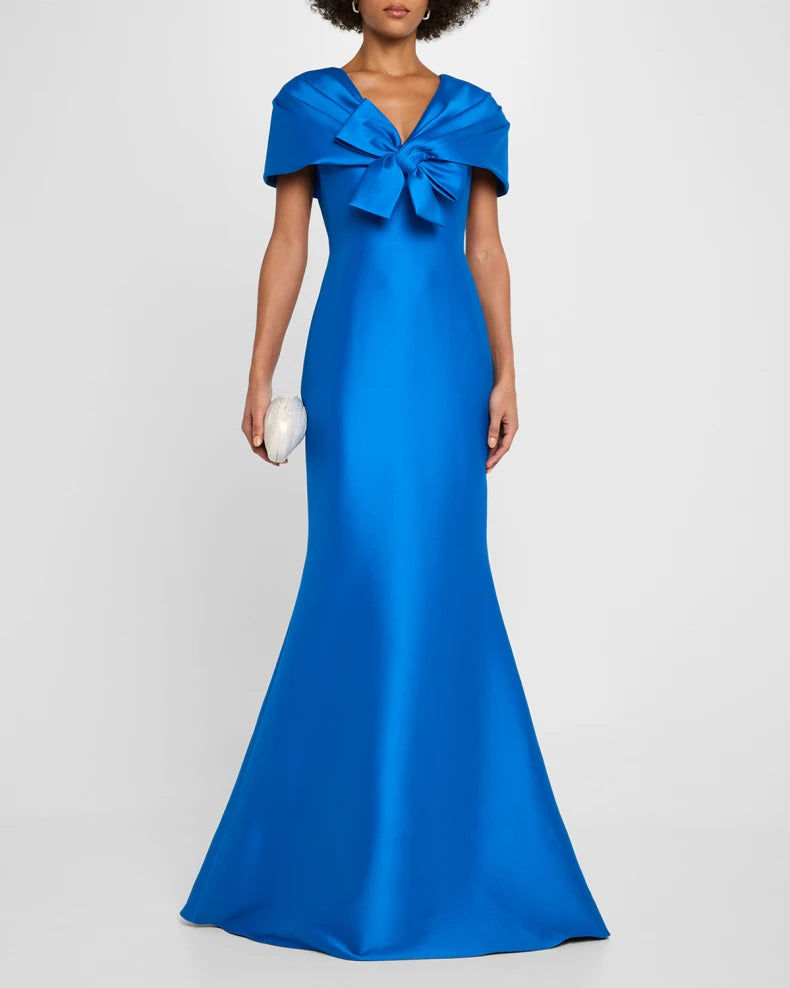 Glamorous Vibrant Sapphire Blue Satin Mermaid Silhouette V-Neck Bow Detail Short Cape Sleeves Floor-Length Evening Dress