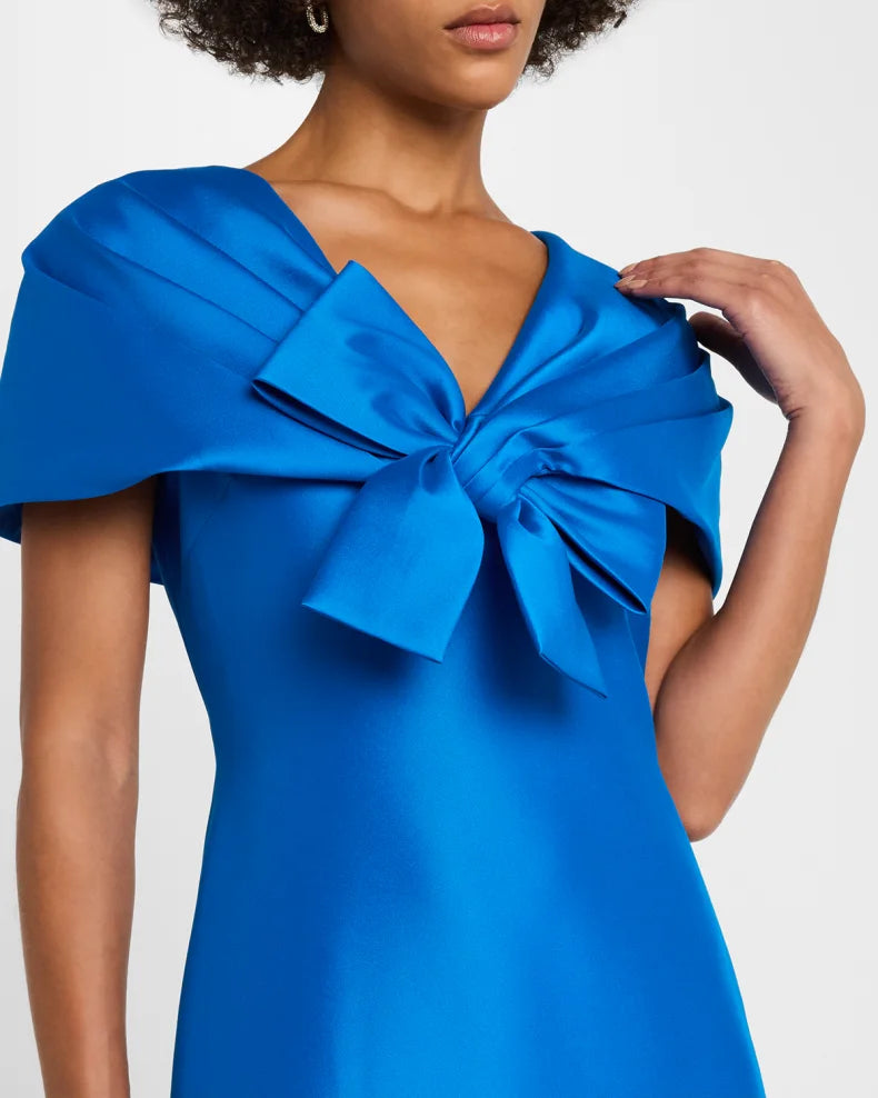 Glamorous Vibrant Sapphire Blue Satin Mermaid Silhouette V-Neck Bow Detail Short Cape Sleeves Floor-Length Evening Dress