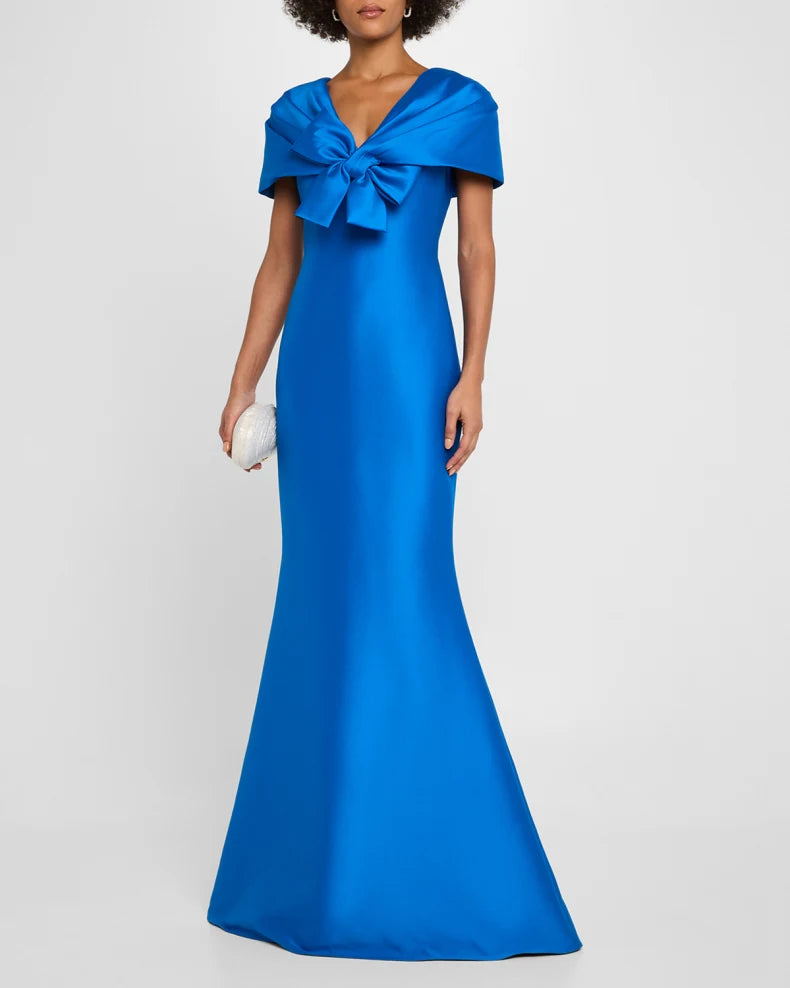 Glamorous Vibrant Sapphire Blue Satin Mermaid Silhouette V-Neck Bow Detail Short Cape Sleeves Floor-Length Evening Dress