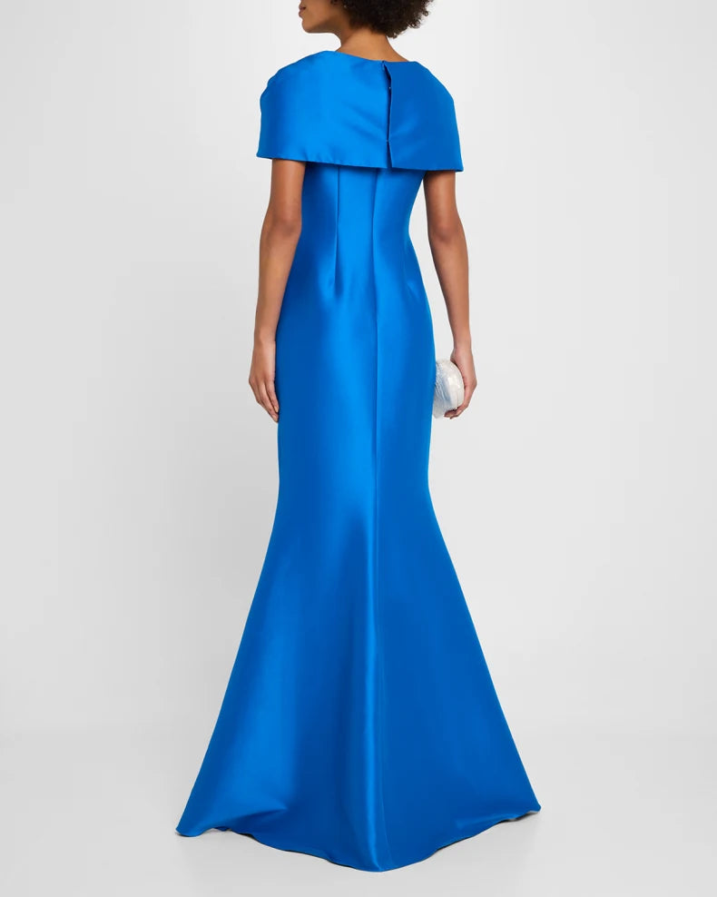Glamorous Vibrant Sapphire Blue Satin Mermaid Silhouette V-Neck Bow Detail Short Cape Sleeves Floor-Length Evening Dress