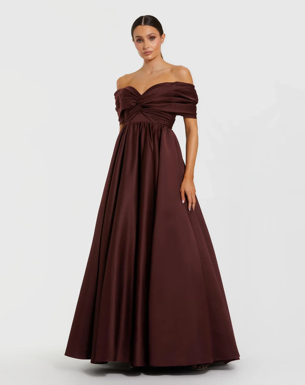 Glamorous Voluminous Off-The-Shoulder Short Sleeve Open Back Satin Maxi Evening Dress