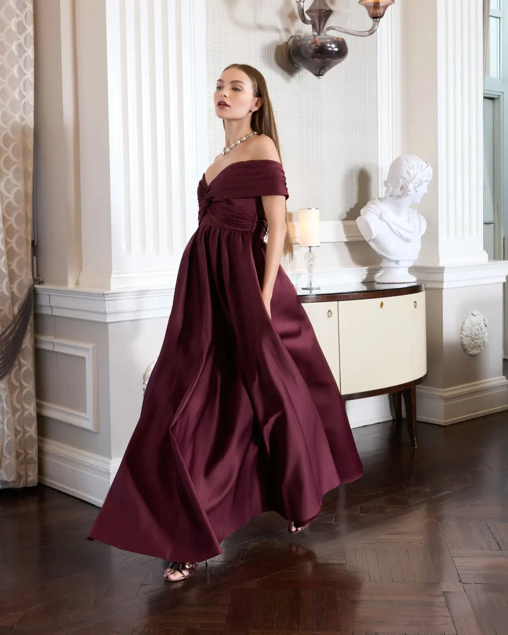 Glamorous Voluminous Off-The-Shoulder Short Sleeve Open Back Satin Maxi Evening Dress