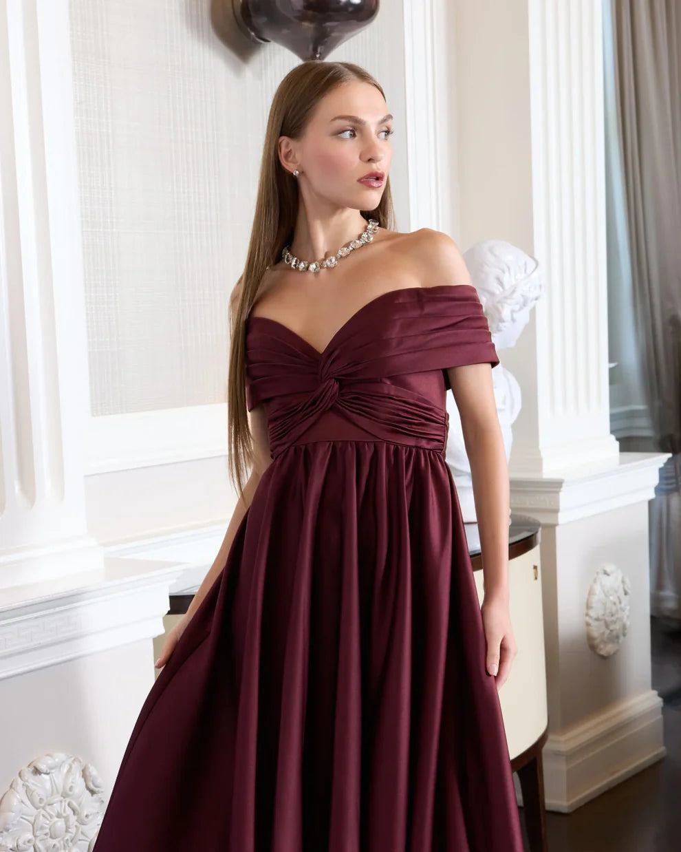 Glamorous Voluminous Off-The-Shoulder Short Sleeve Open Back Satin Maxi Evening Dress