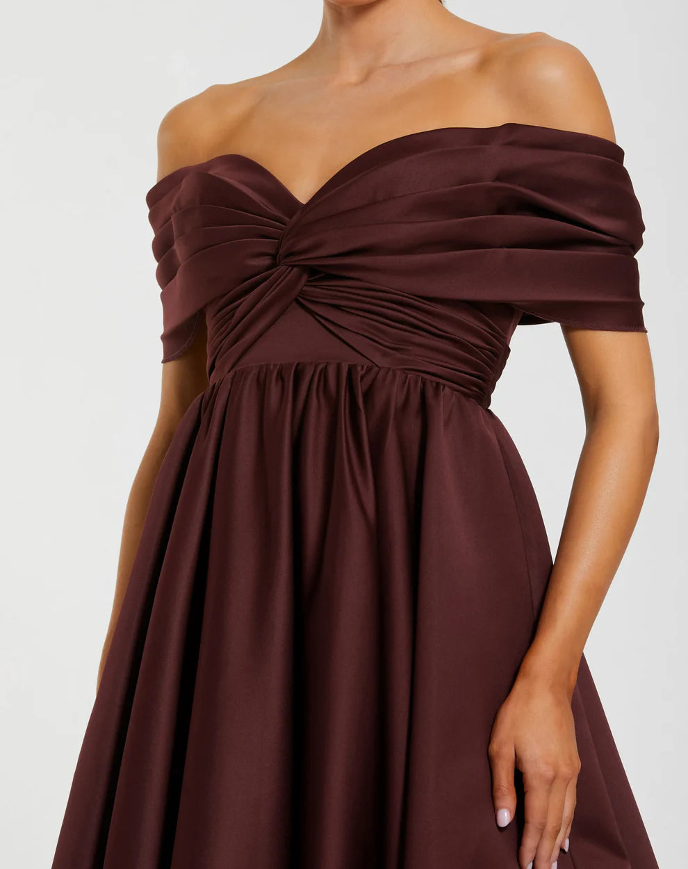 Glamorous Voluminous Off-The-Shoulder Short Sleeve Open Back Satin Maxi Evening Dress