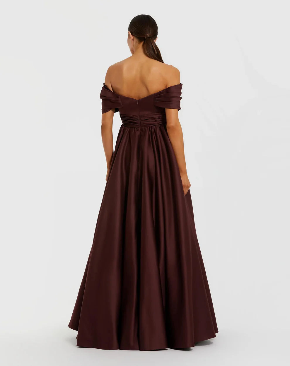 Glamorous Voluminous Off-The-Shoulder Short Sleeve Open Back Satin Maxi Evening Dress