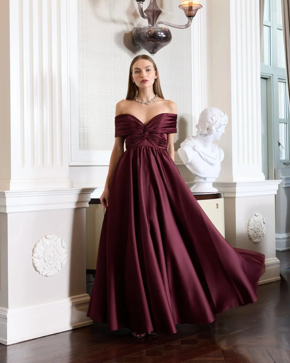 Glamorous Voluminous Off-The-Shoulder Short Sleeve Open Back Satin Maxi Evening Dress