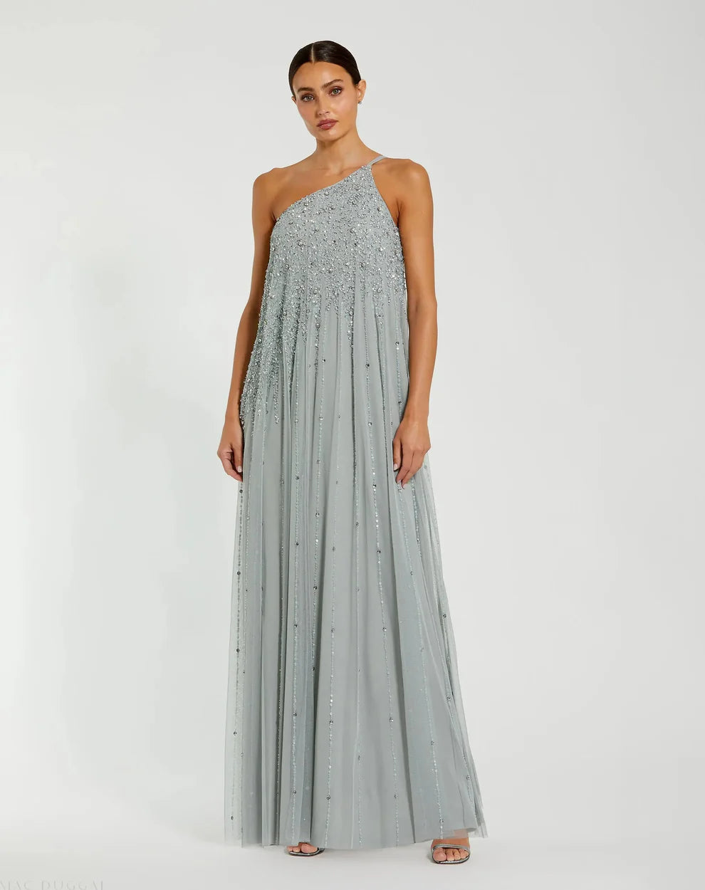 Glamorous Voluminous One-Shoulder Sleeveless Beaded Open Back Chiffon Maxi Evening Dress