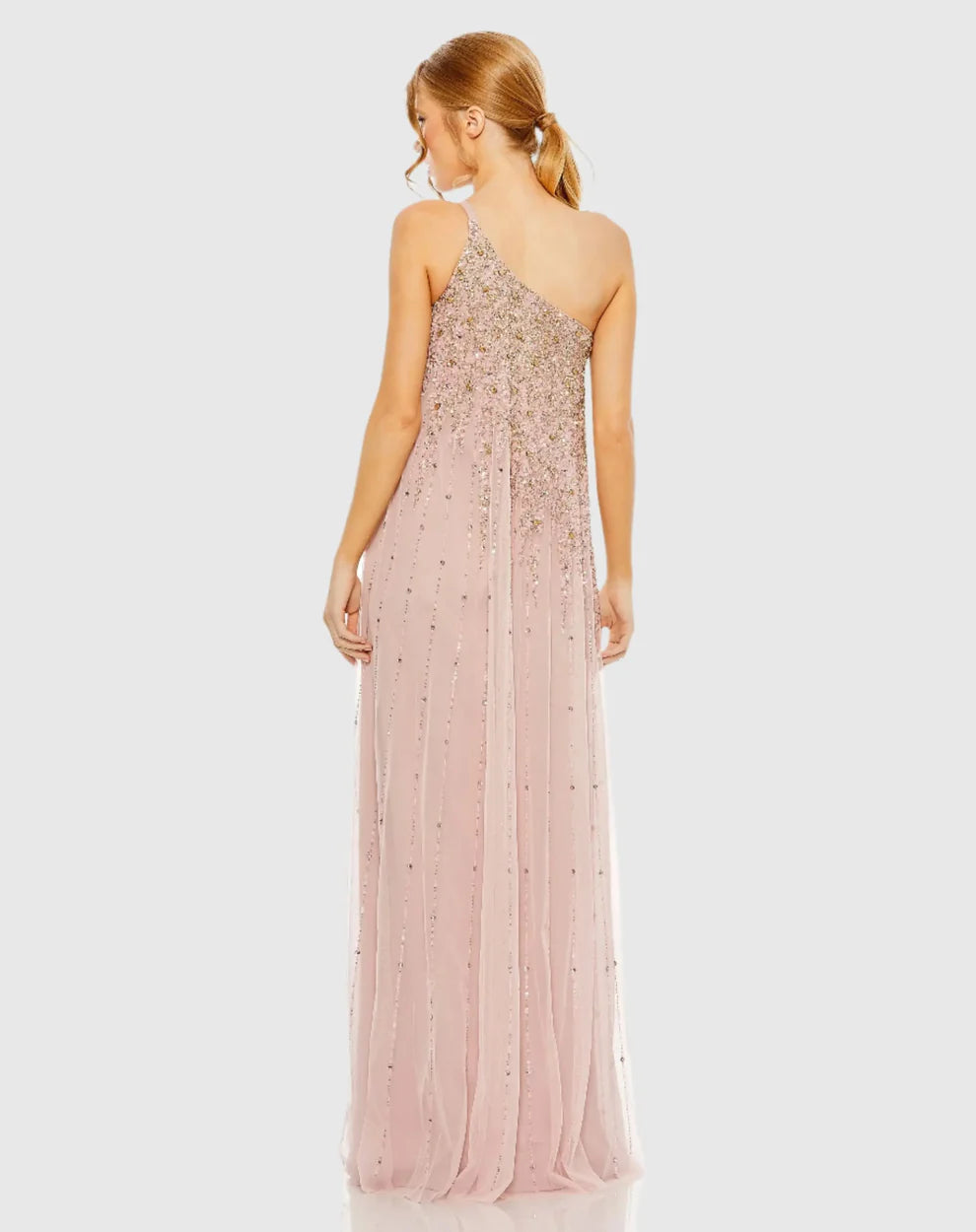 Glamorous Voluminous One-Shoulder Sleeveless Beaded Open Back Chiffon Maxi Evening Dress