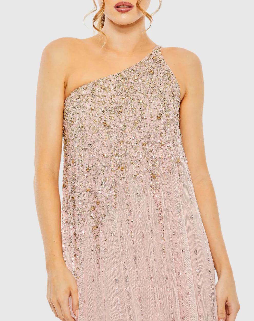 Glamorous Voluminous One-Shoulder Sleeveless Beaded Open Back Chiffon Maxi Evening Dress