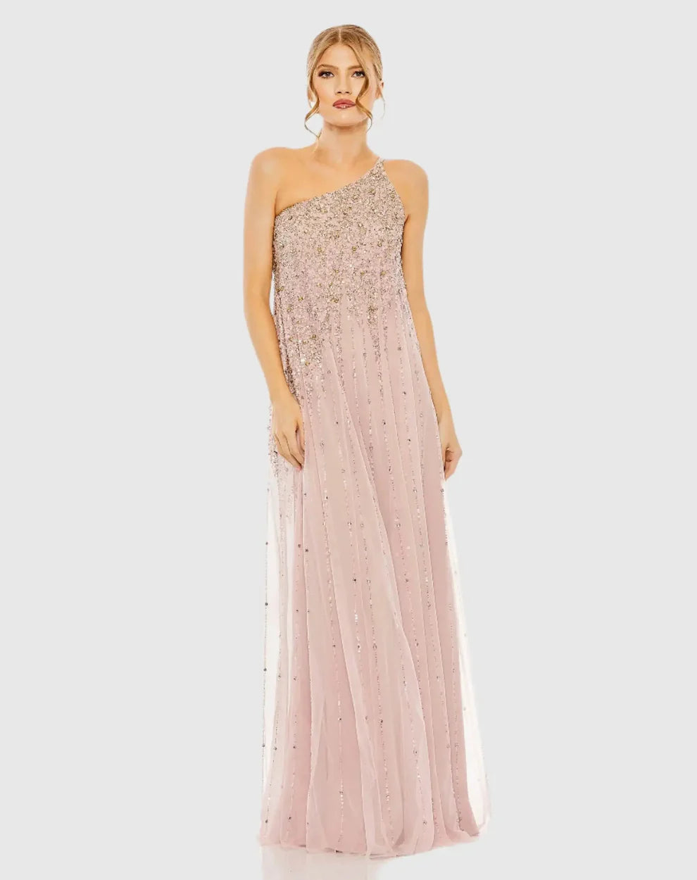 Glamorous Voluminous One-Shoulder Sleeveless Beaded Open Back Chiffon Maxi Evening Dress