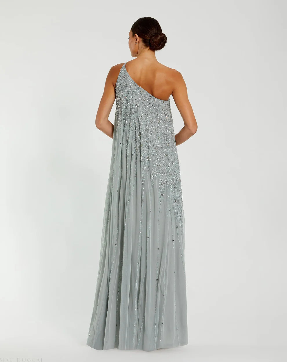 Glamorous Voluminous One-Shoulder Sleeveless Beaded Open Back Chiffon Maxi Evening Dress