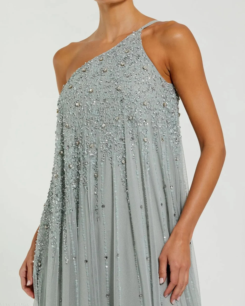 Glamorous Voluminous One-Shoulder Sleeveless Beaded Open Back Chiffon Maxi Evening Dress