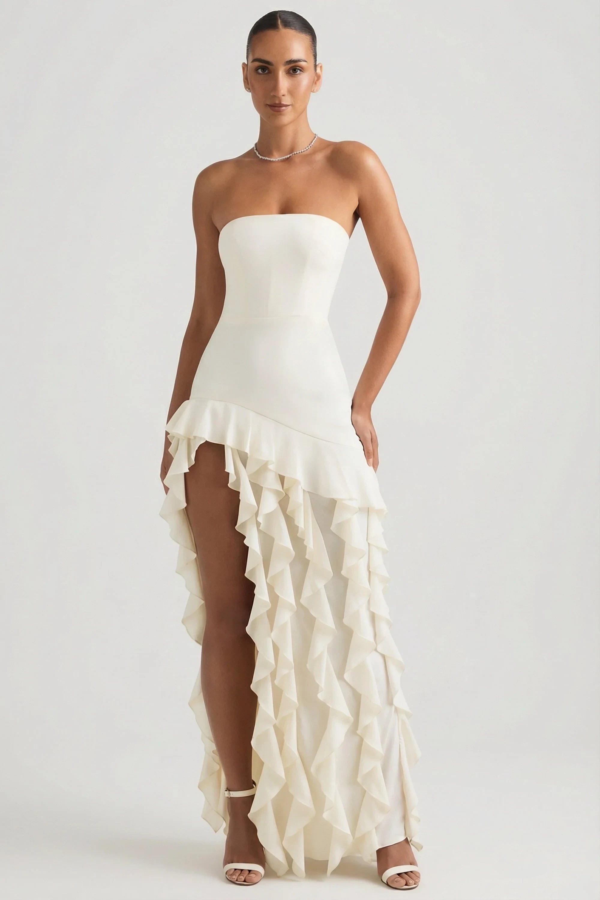 Glamorous Chiffon Sheath Strapless Sleeveless Straight Back High-Low Evening Dresses