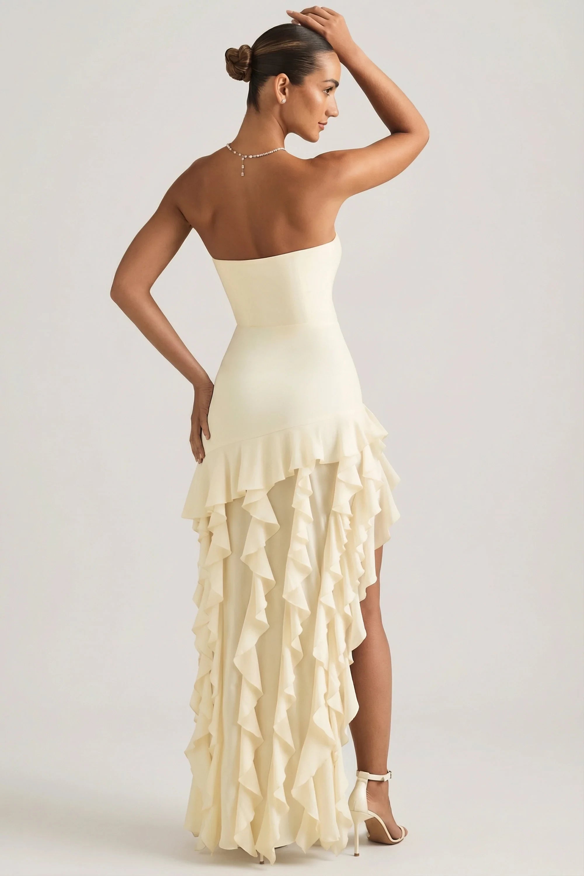 Glamorous Chiffon Sheath Strapless Sleeveless Straight Back High-Low Evening Dresses