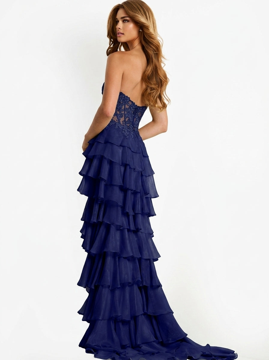 Glamorous Lace Chiffon A-Line Sweetheart Strapless Sleeveless Strapless Back High-Low Evening Dresses