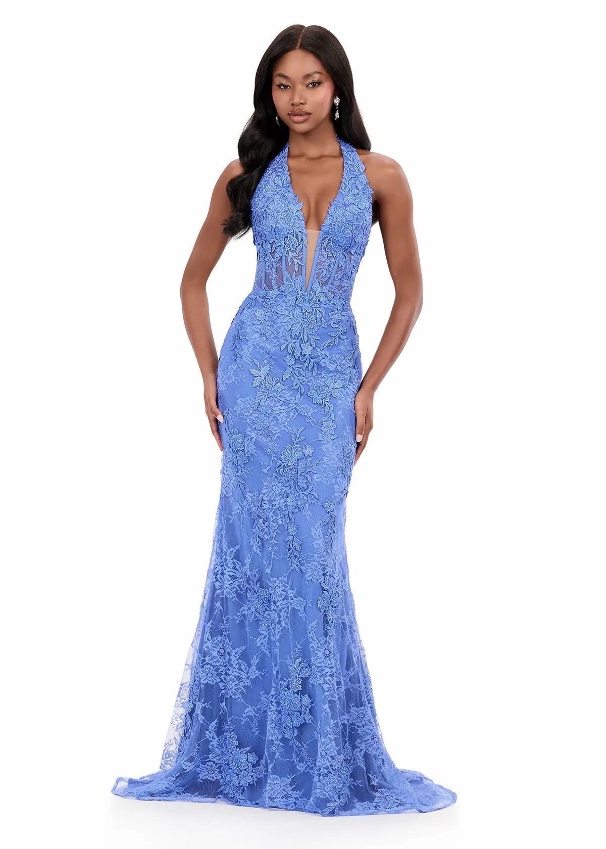 Glamorous Lace Mermaid Deep V-Neck Halter Sleeveless Open Back Floor-Length Evening Dresses