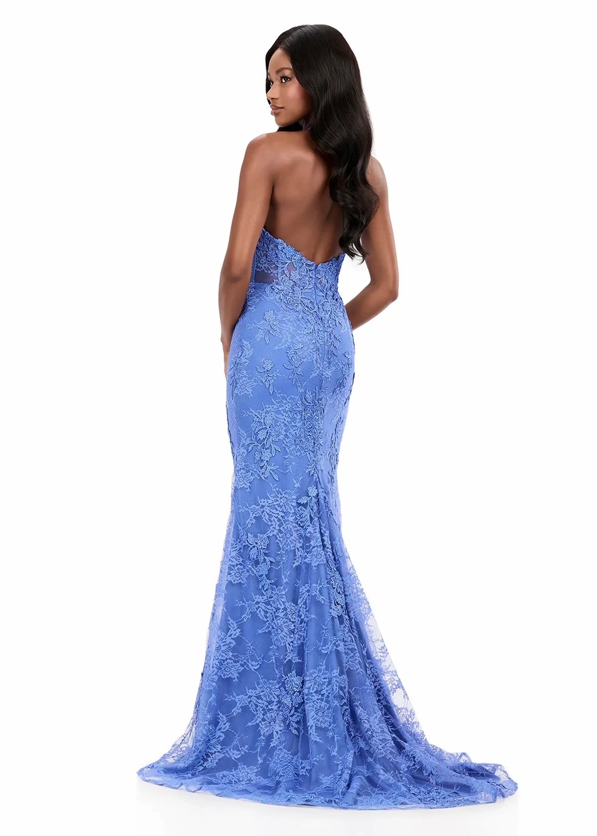 Glamorous Lace Mermaid Deep V-Neck Halter Sleeveless Open Back Floor-Length Evening Dresses