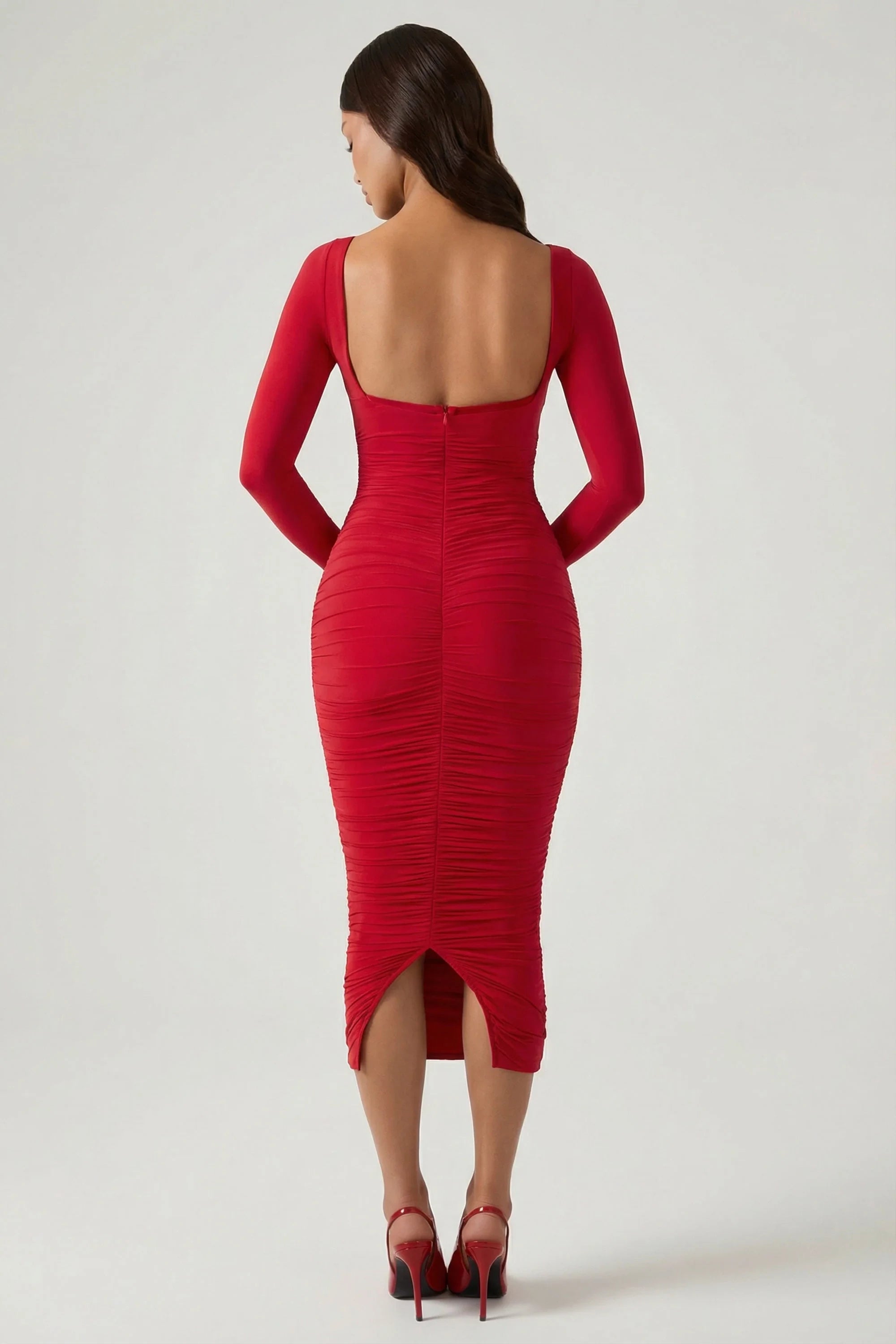 Glamorous Ruched Satin Sheath Sweetheart Long Sleeve Low Square Back Midi Evening Dresses