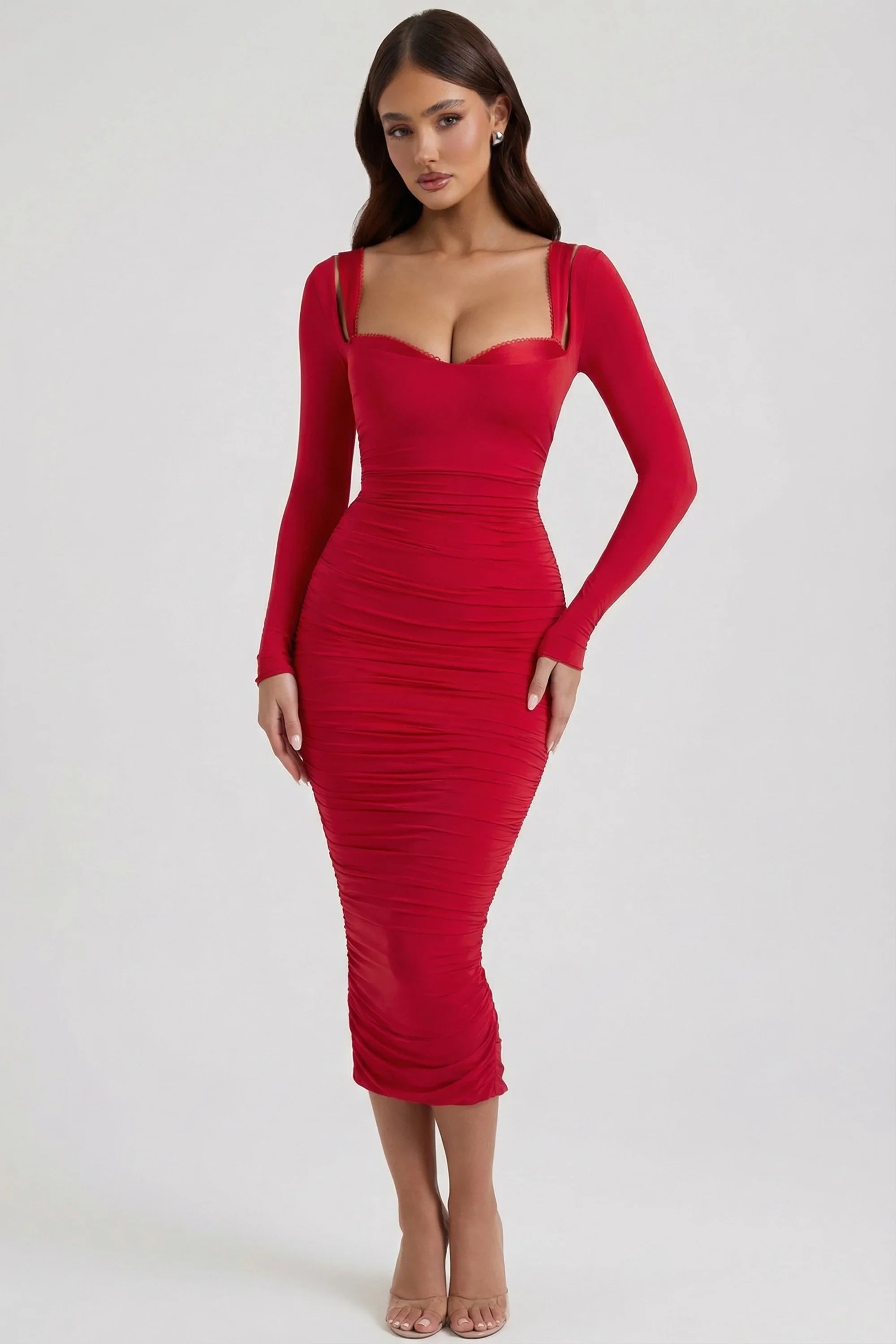 Glamorous Ruched Satin Sheath Sweetheart Long Sleeve Low Square Back Midi Evening Dresses