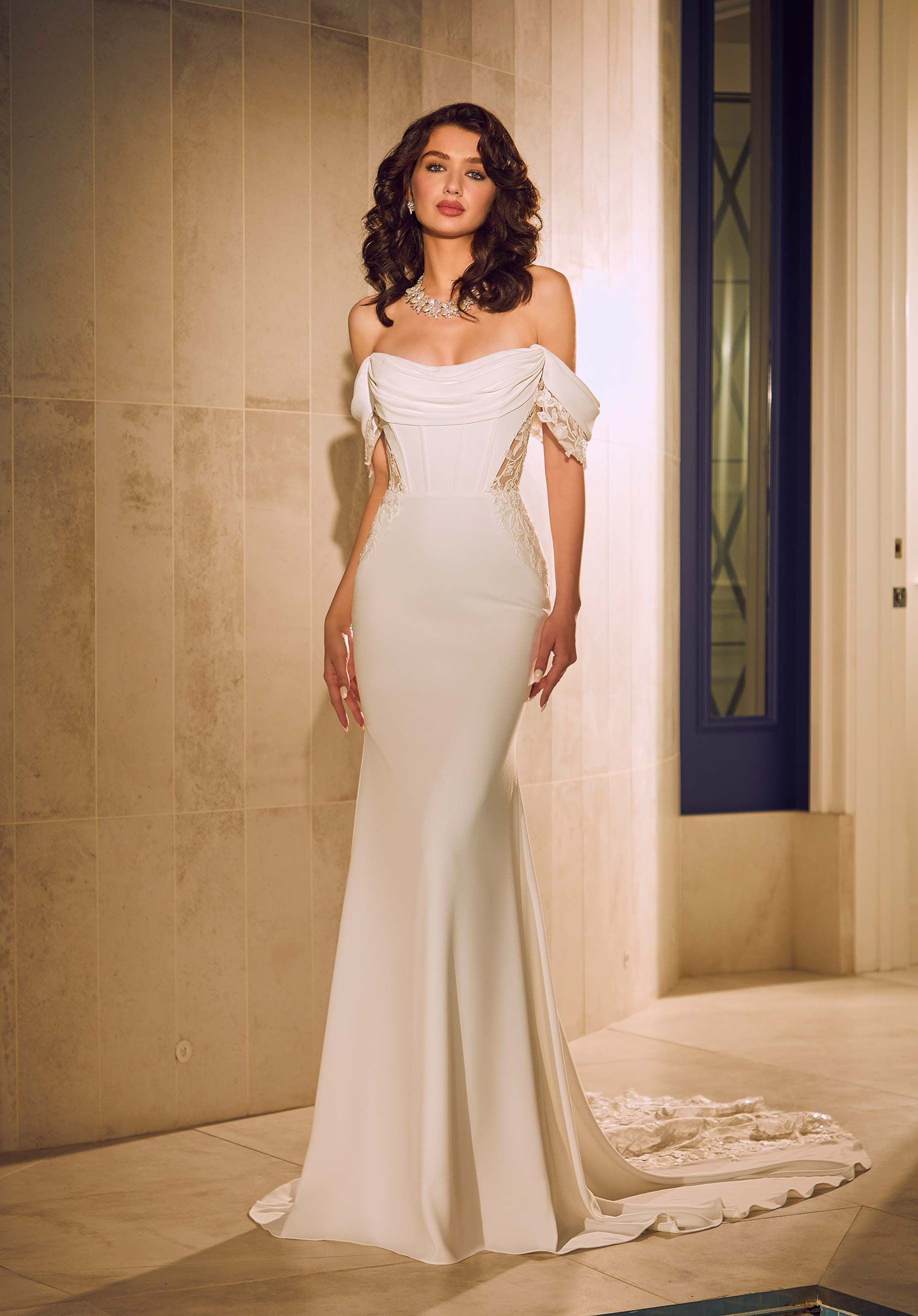 Glamorous Satin Lace Mermaid Off-Shoulder Sweetheart Cap Sleeve Illusion Back Floor-Length Wedding Dresses