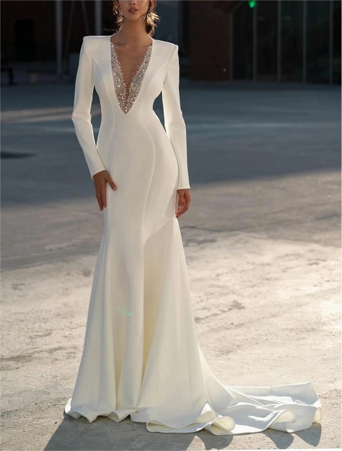 Glamorous Satin Mermaid Deep V-Neck Long Sleeve Closed Back Floor-Length with Train Wedding Dresses