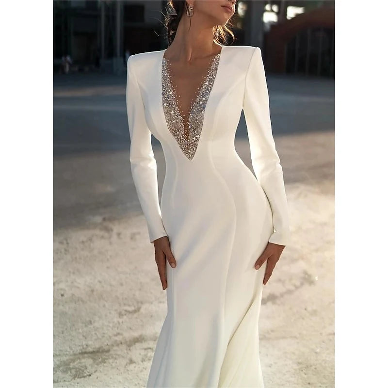 Glamorous Satin Mermaid Deep V-Neck Long Sleeve Closed Back Floor-Length with Train Wedding Dresses