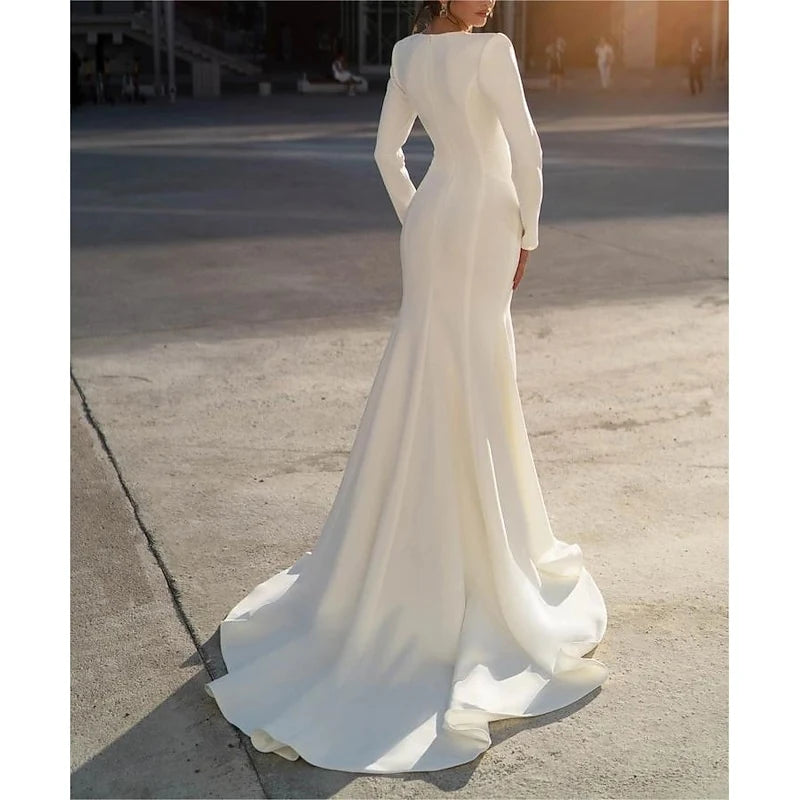 Glamorous Satin Mermaid Deep V-Neck Long Sleeve Closed Back Floor-Length with Train Wedding Dresses