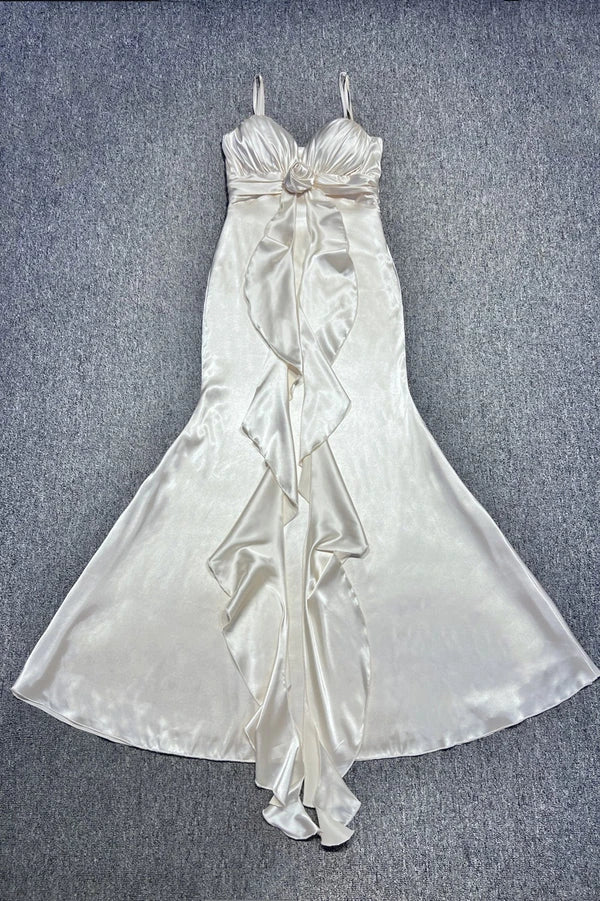 Glamorous Satin Mermaid Deep V-Neck Spaghetti Strap Floor-Length Ruffle Hem Evening Dresses