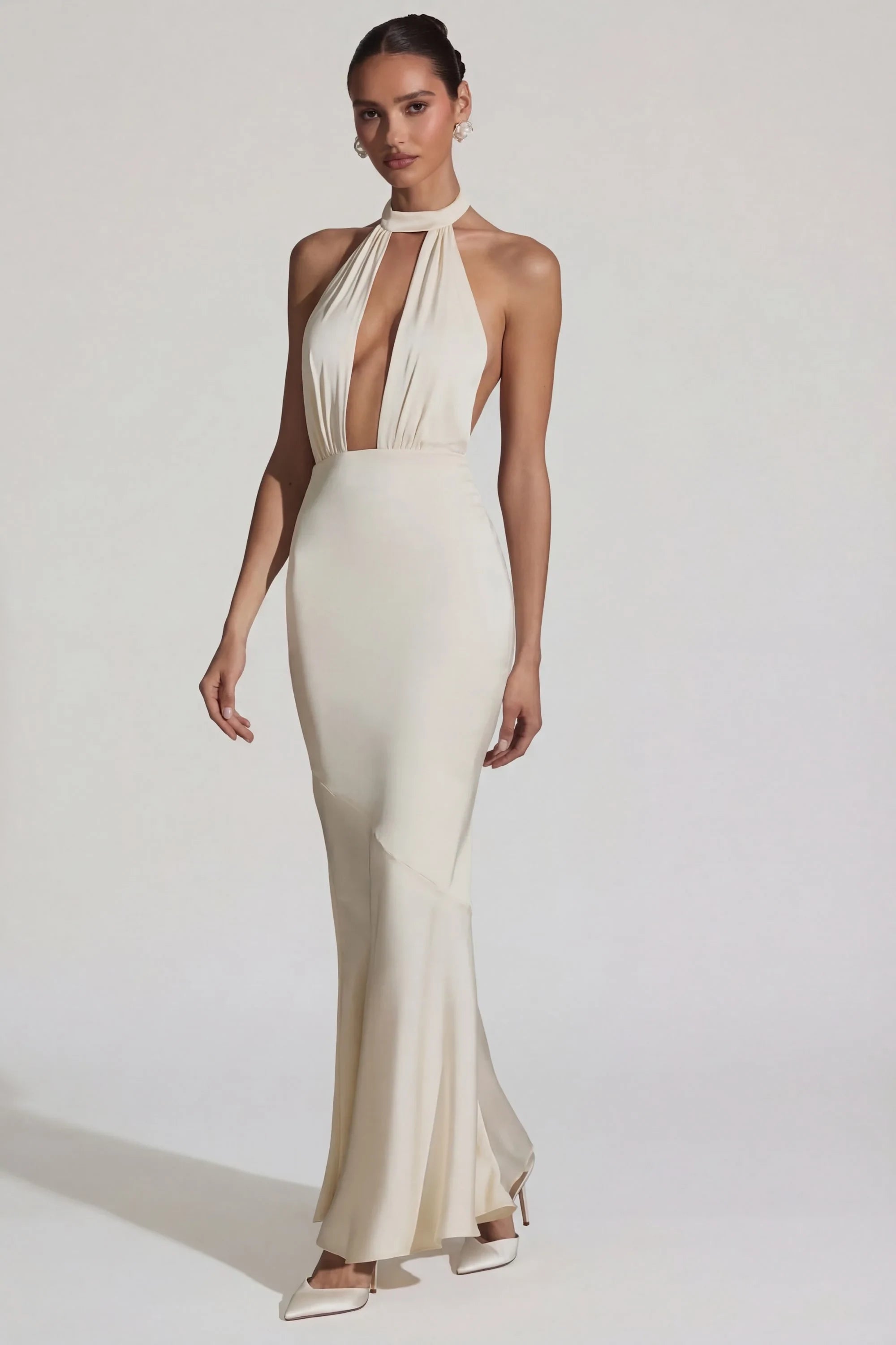 Glamorous Satin Mermaid Halter Sleeveless Open Back Floor-Length Evening Dresses
