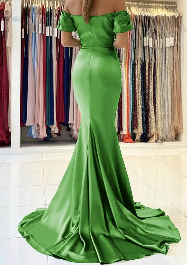 Glamorous Satin Mermaid Off-Shoulder Sweetheart Puffy Short Sleeves Concealed Back Floor-Length with Train Evening Dresses