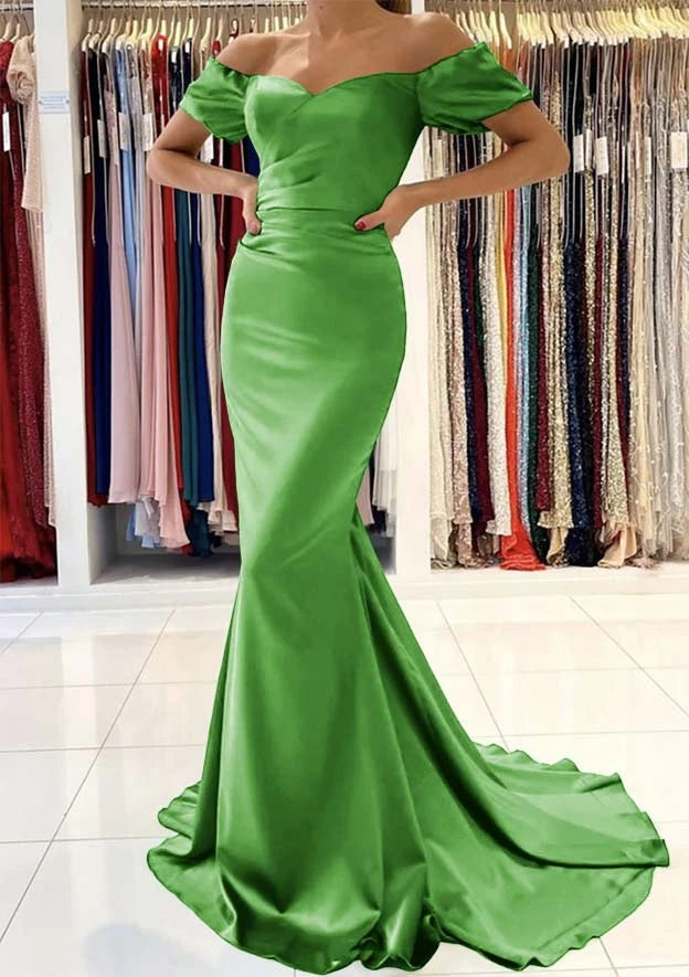 Glamorous Satin Mermaid Off-Shoulder Sweetheart Puffy Short Sleeves Concealed Back Floor-Length with Train Evening Dresses